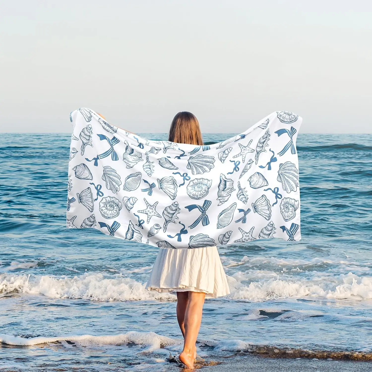 Lager Coastal Ocean Starfish Conch Shell Beach Towel Blue Coquette Pattern Microfiber Absorbent Quick Dry Adults Sand Blanket