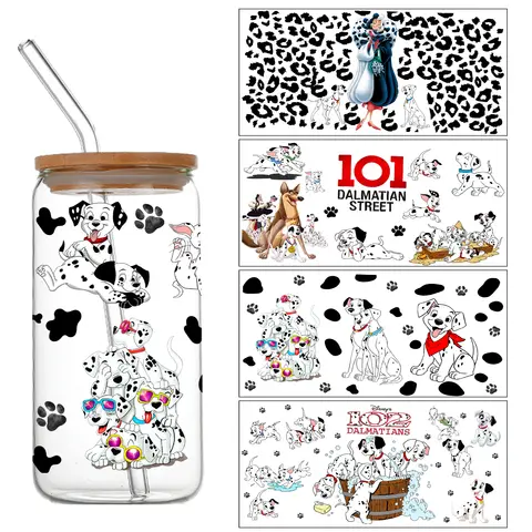 Popular Designs UV DTF 3D Cute 101 Dalmatians Cartoon Dog Transfer Sticker 16oz Glass Can Cup Coffee Mug Car Wrap DIY Decals