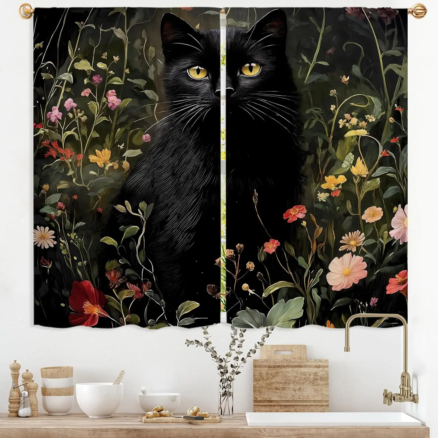 Vintage Dark Floral Cat Window Curtains, Black Cat Bright Yellow Eyes Colorful Wildflower Dark Tone Art Print Drapes for Kitchen
