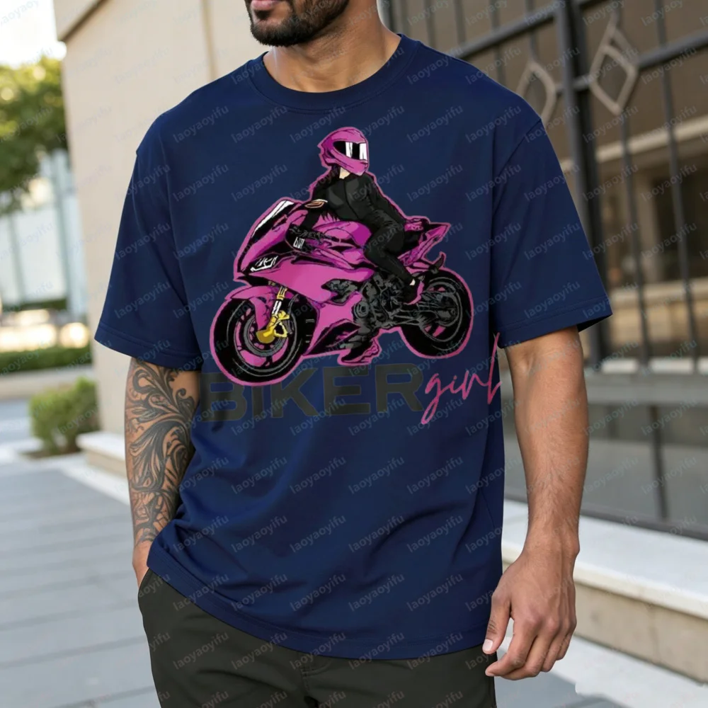 Motorcycle Rider Pink Helmet Graphic Cotton T-Shirt, Birthday Present for Biker Fans and Motorcycle Enthusiasts