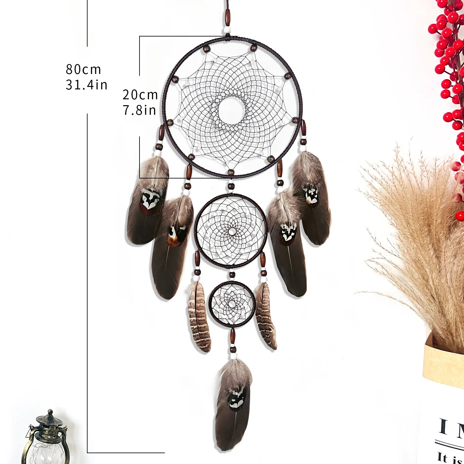 Black dream catcher pendant feather wind chimes hand-woven creative wall hanging three-ring pendant