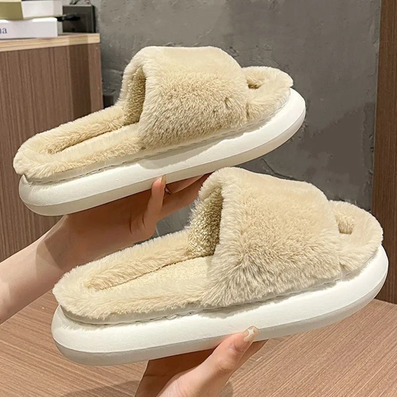 2022 New Warm Fluffy Slippers Women Winter House Fluffy Fur Slippers Home Slides Flat Fashion Indoor Flip Flops Shoes Ladies