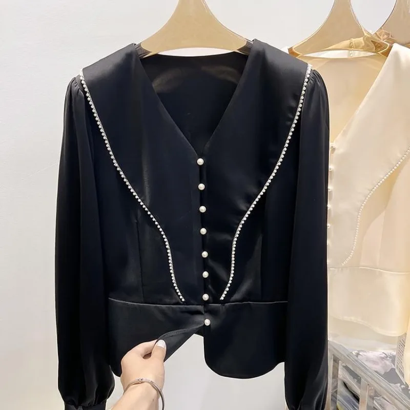 

Women's Cream Satin V-Neck Long Sleeve Pearl Trim Cropped Blouse