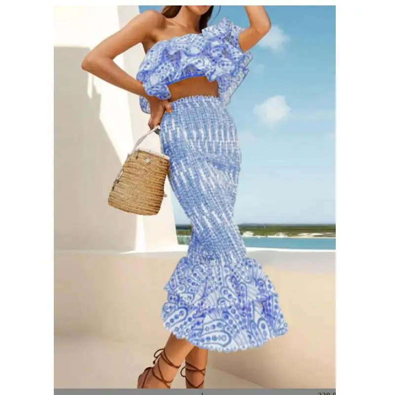 

Seaside Vacation Fashion Casual Suit Women Irregular High Waist Fishtail Slash Neck Pure Color Sexy Holiday New Two Piece Set