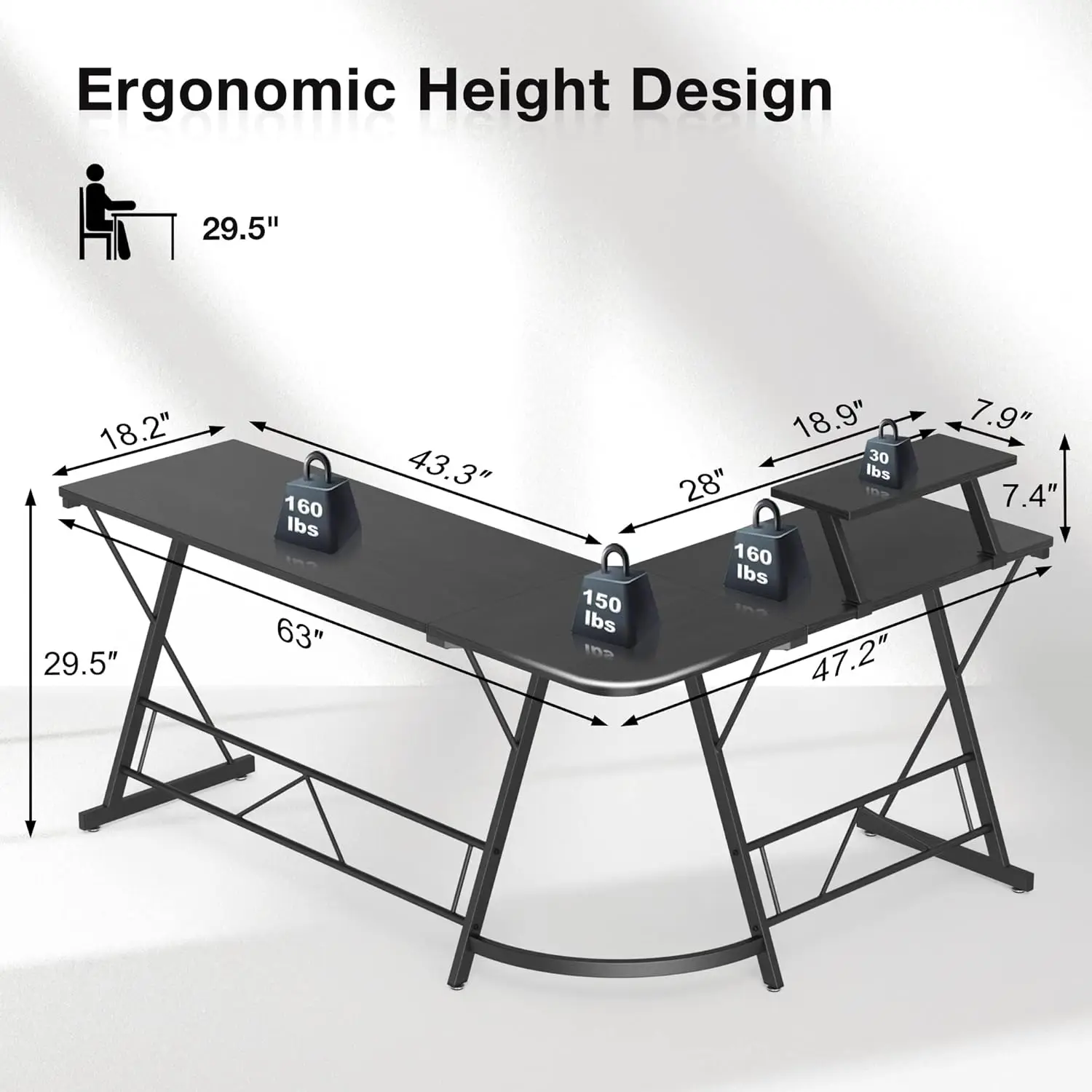 63" L Shaped Computer Desk, Corner Desk, Home Office Desk, Gaming Writing Workstation with Large Monitor Stand, Black Willow