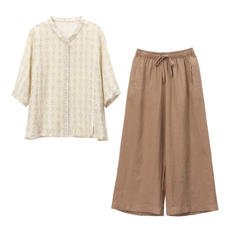 طقم مكون من قطعتين من السراويل ذات الساق الواسعة من القطن والكتان للأم الصيفية، ملابس كاجوال مريحة تسمح بمرور الهواء للنساء #5