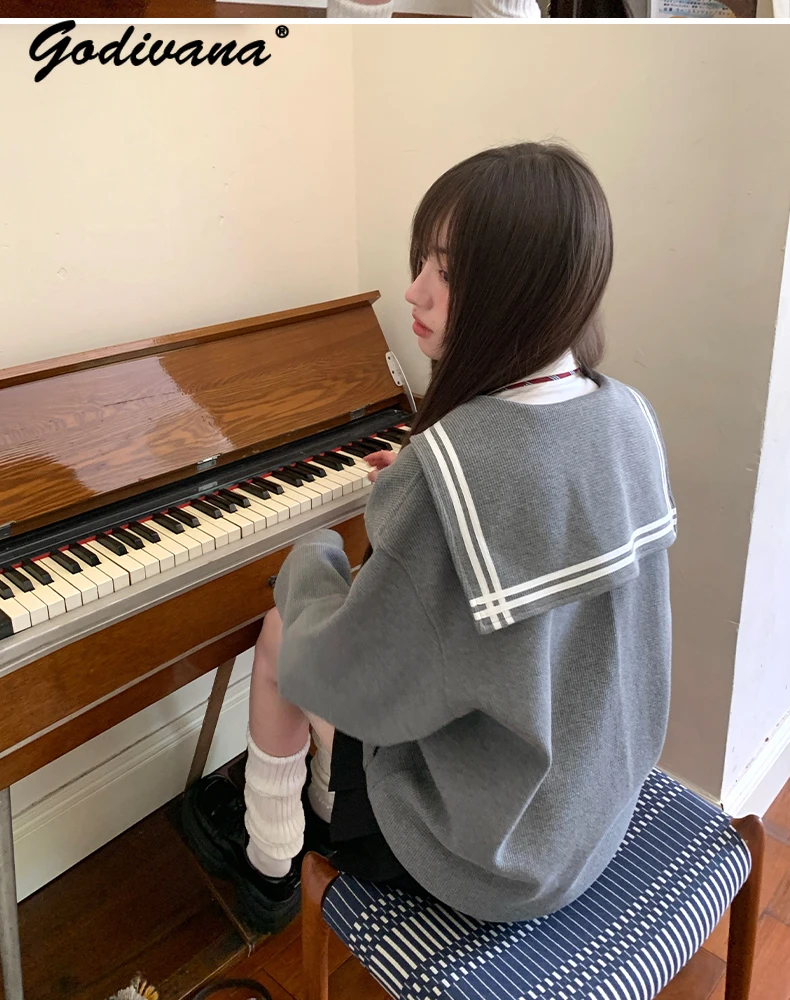 Preppy Style fille étudiant col marin à manches longues brodé lâche fermeture éclair Cardigan veste femmes printemps et automne manteau à capuche