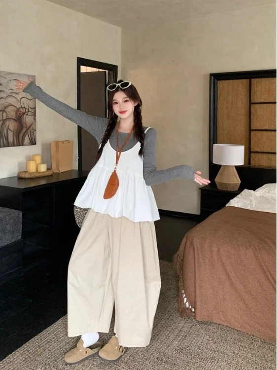 

Женский комплект Sweet Sle: топ-майка больших размеров и свободные брюки с широкими штанинами, высокая талия, осенняя новинка, корейский стиль для повседневной носки