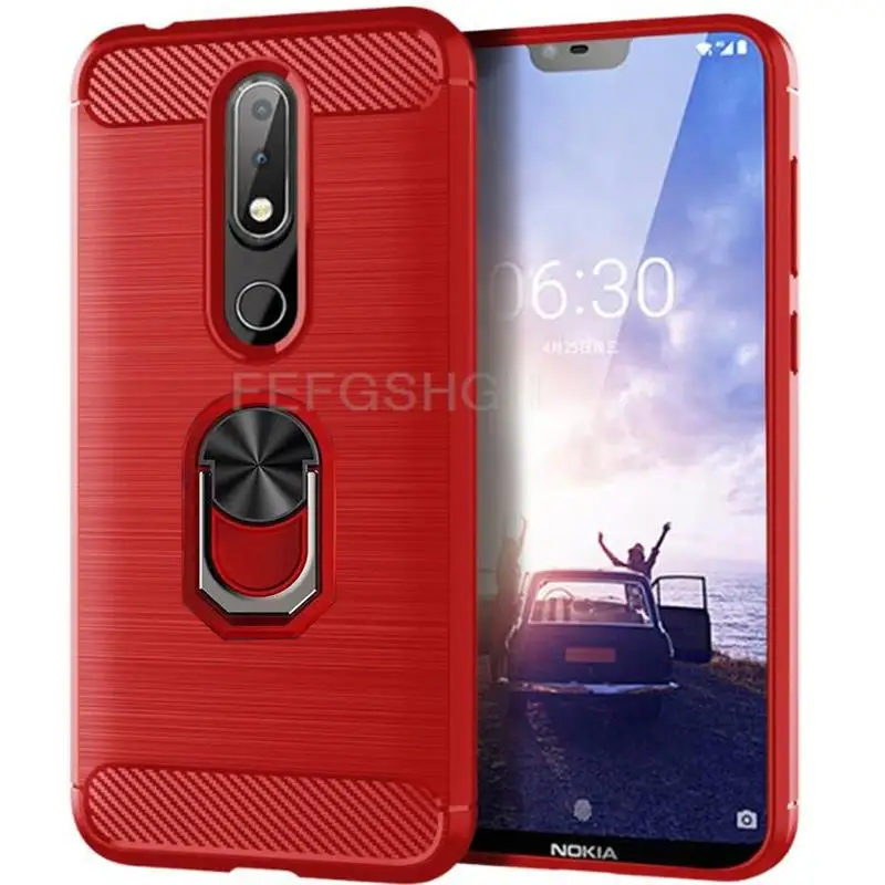 Capa For Nokia 2 V 2.2 Brushed Carbon Fiber Soft Silicone Case For Nokia 1 5.1 6.1 7 Plus 8 8.1 Magnetic Ring Stand Cover