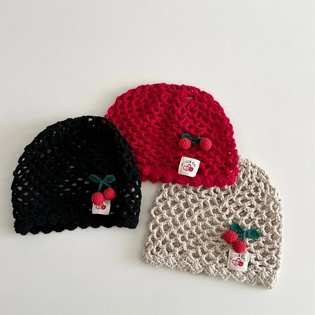 Girls Crochet Hat Cotton Knit Hollow Cherry Beanie for Kids Fruit Embellishment Autumn Warm baby Hair Accessories Photo Prop