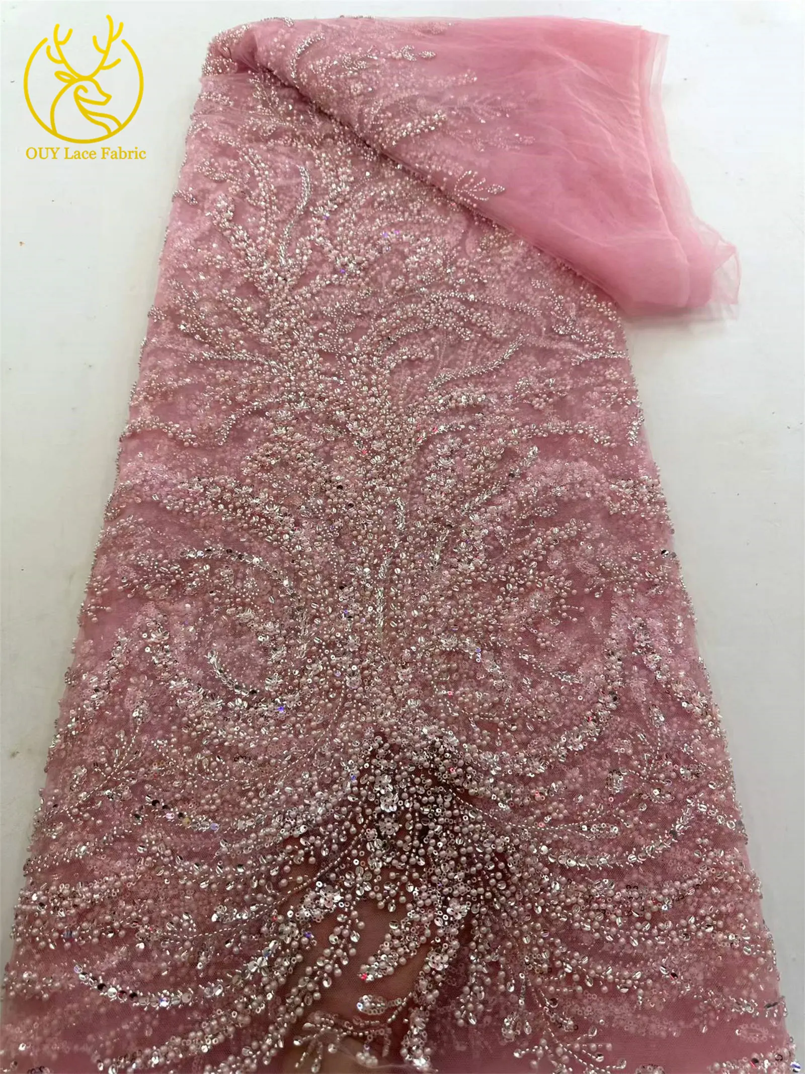 Luxuriöser goldener afrikanischer Pailletten-Spitzenstoff, hochwertiger französischer bestickter Spitzenstoff mit Perlen, nigerianischer Spitzenstoff für Damen-Partykleider – Detail 11