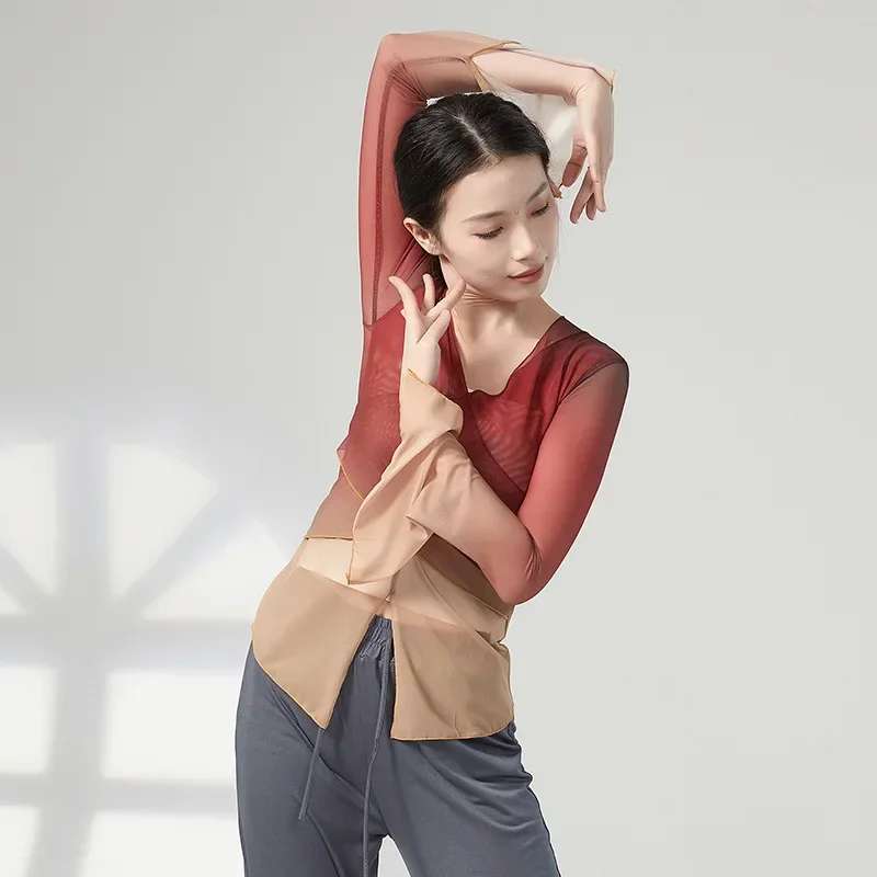 Classical dance gradual change body rhyme gauze clothes practice clothes female Chinese dance folk dance top
