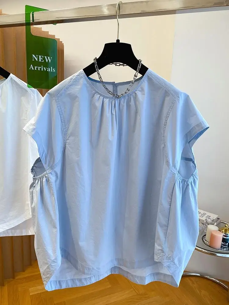 Korean Style Pullover Tops Short Sleeves Shirt Summer New Solid Color Fashion O-neck Loose Blouses Casual Versatile