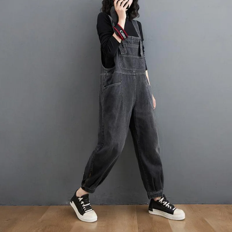 

Vintage Retro Distressed Overalls Women Spring Summer New Large Size High Waist Slimming Age-Reducing Jumpsuit Long Pa