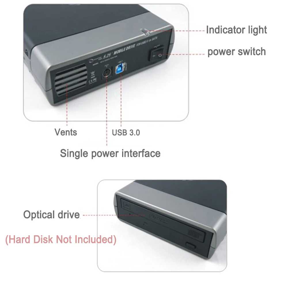 Custodia per disco rigido da 5.25 pollici USB3.0/2.0 a SATA adattatore usa/ue custodia per disco esterno HDD in lega di alluminio da 4.8Gbps