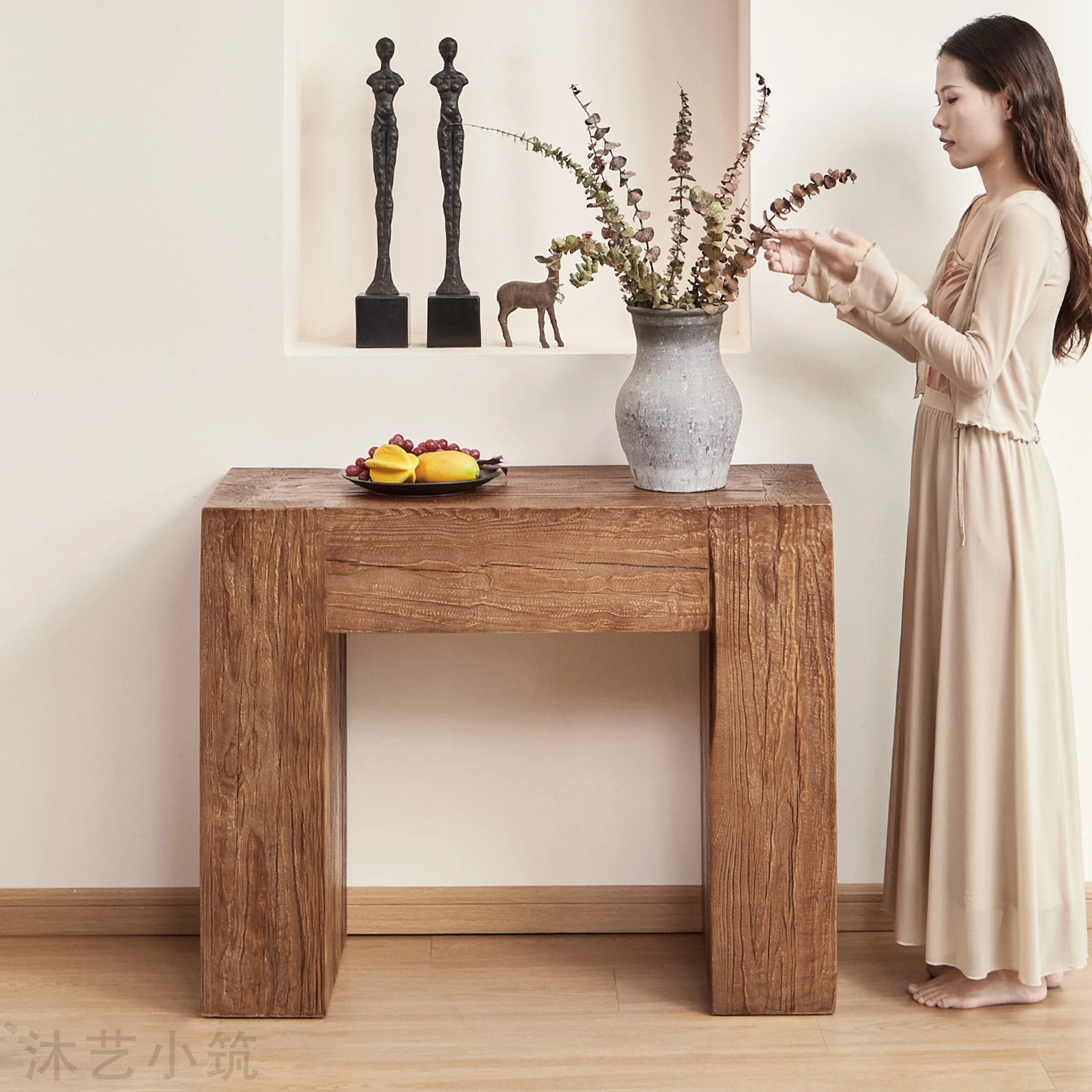 

Log entry entrance cabinet retro homestay living room sofa back decoration side table wabi sandy wind solid wood strip case