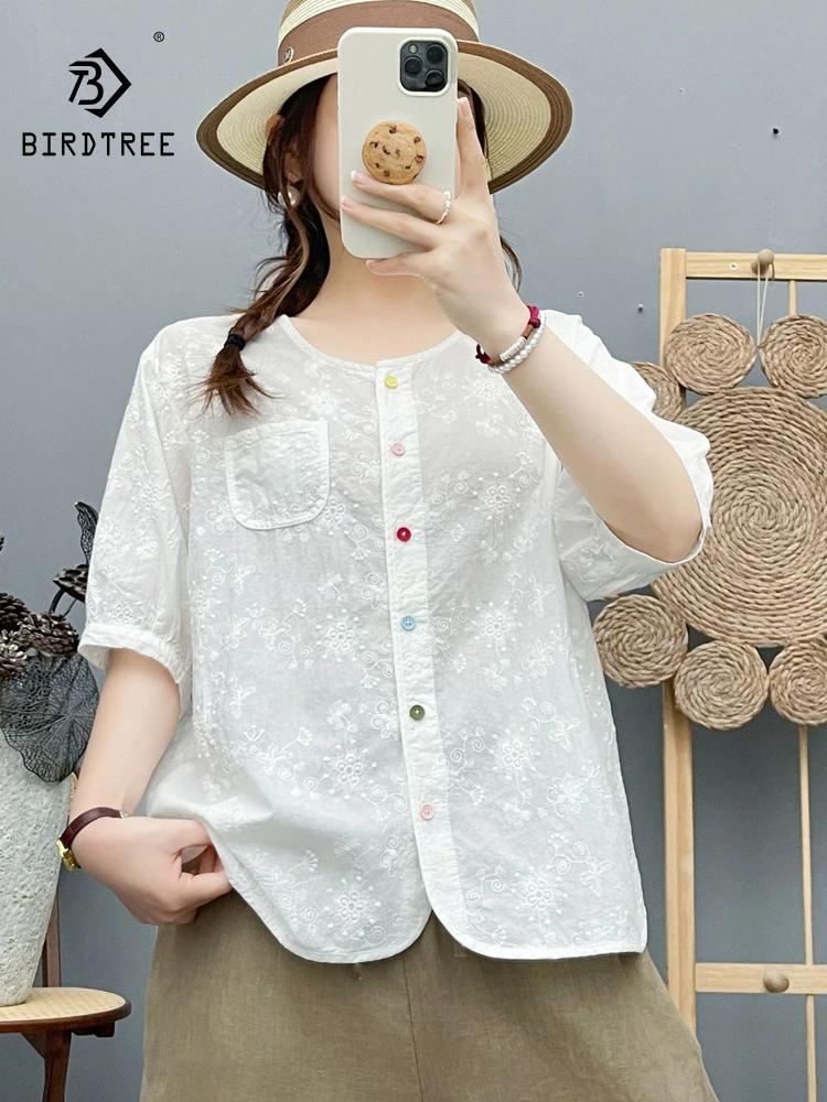 

New 2026 Summer Women Cotton Half Sleeve Shirt, O Neck Embroidery Colorful Buttons, Mori Girl French Chic Loose Blouse T65762CC