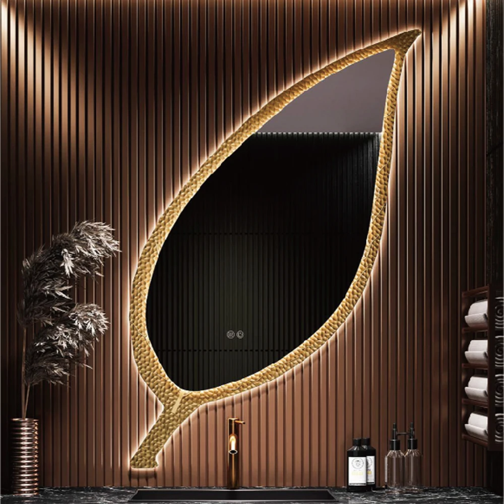 Modern LED Mirror Large Leaf Shape Wall-Mounted Explosion-Proof Touch Button Defogging Bathroom Smart Mirror