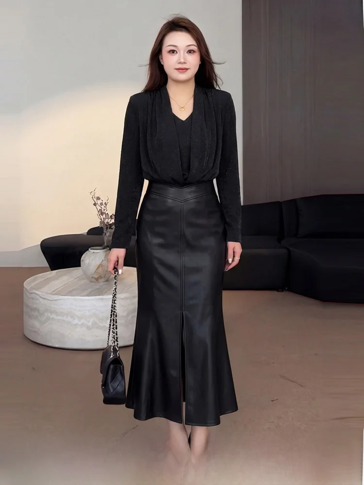 

plus Size Women's Spring Fashion Set with Long Sleeves And Rhinestones Design High Waist A-Line Skirt And Top Korean Style