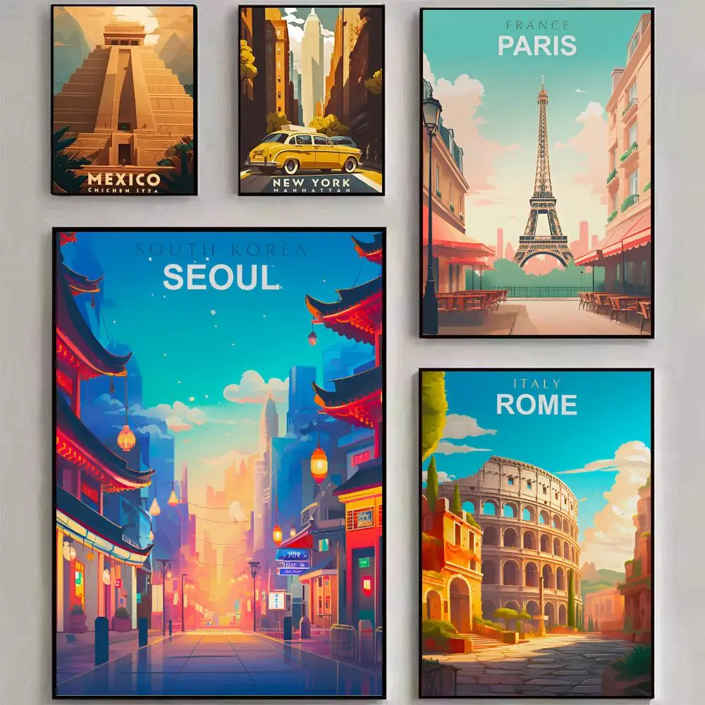 World Travel Cities Rome Paris Landmark Poster, Wandkunstdruck, geeignet für Wohnzimmer, Schlafzimmer, Bar, Salon, Heimdekoration, Geschenk