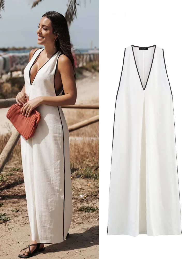 HH Women's Vacation New Solid V-neck Flax Blending Midi Dress Summer Female Split Hem Fashion Sexy Sleeveless Long Dress