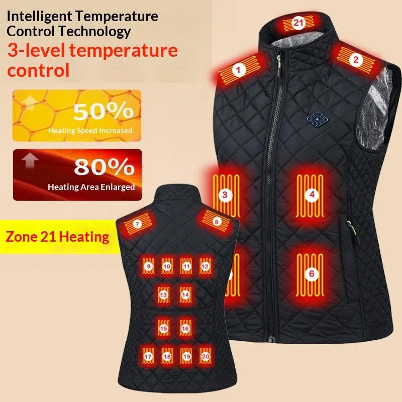 

2025 зимний женский умный жилет с подогревом, перезаряжаемый через USB, 3 контроля температуры, 21 зон с подогревом