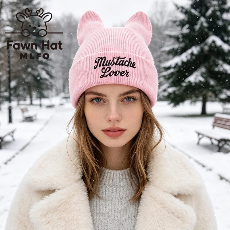 Playful Adult Cat Ear Knit Beanie, Mustache Lover Slogan Embroidery, Casual Streetwear Fun Party Weekend Friend Hangout