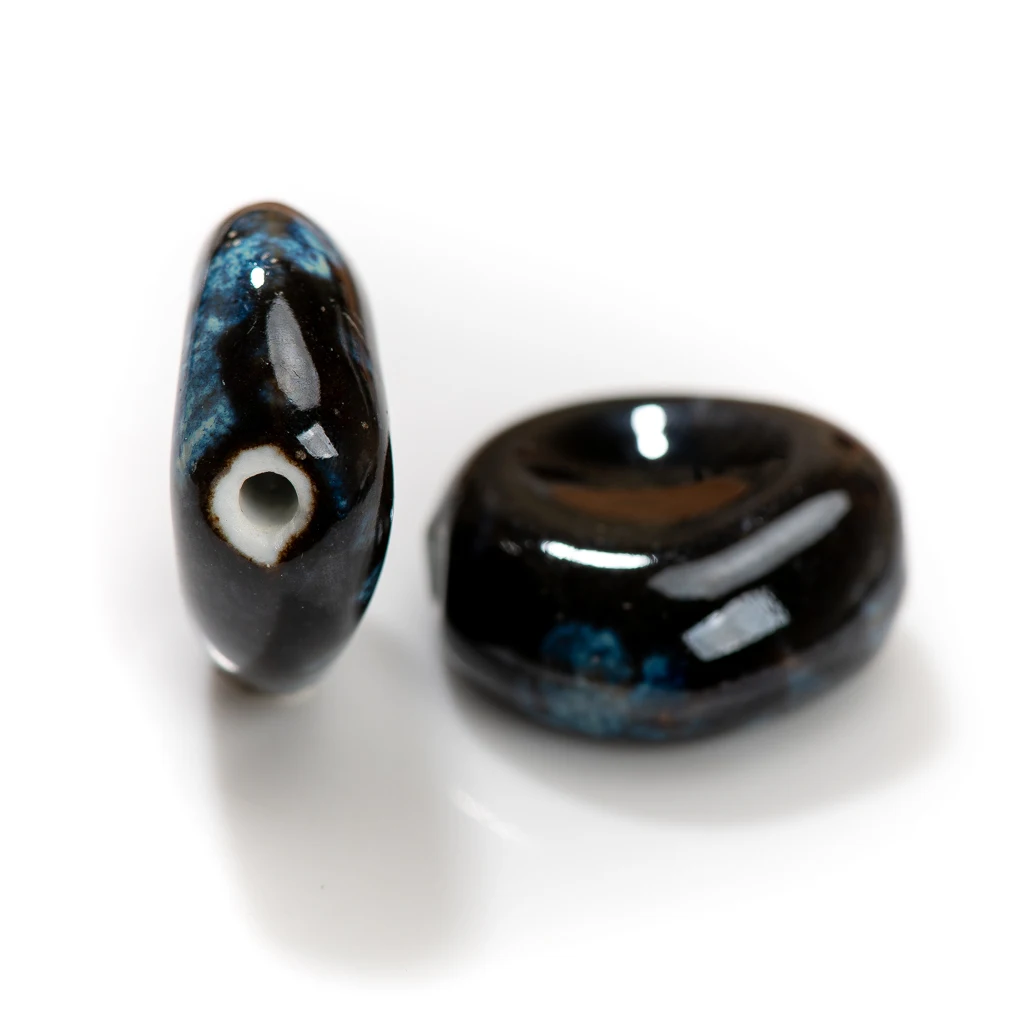 34mm Large Irregular Ceramic Bead Black with Blue Accents For Designer Jewelry Single Piece Creative DIY Material Sold TCZ194