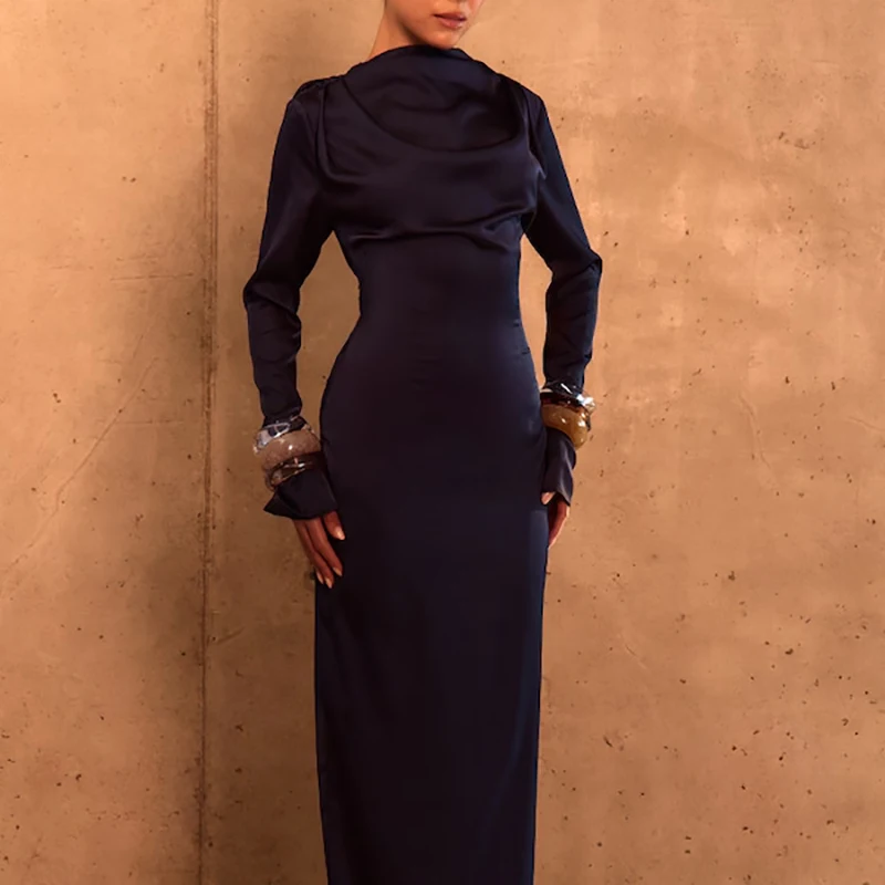 الخريف بسيط بلون عارية الذراعين فستان الحفلات مزاجه أنيقة سليم صالح فستان ستان جديد 2026 عيد الميلاد س الرقبة رداء فساتين