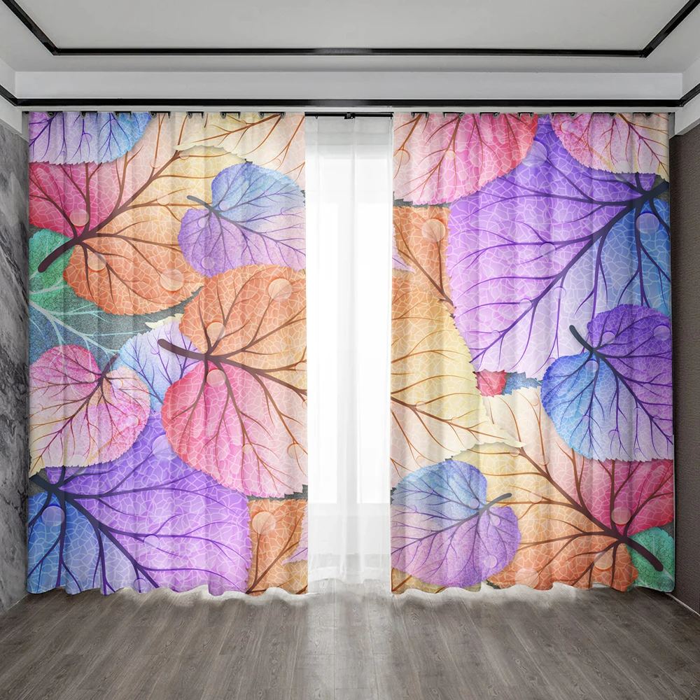 2PC Home Decoration Curtains With Purple Leaves And Small Floral Pockets, Kitchen, Coffee Shop, Living Room, Balcony, Garden