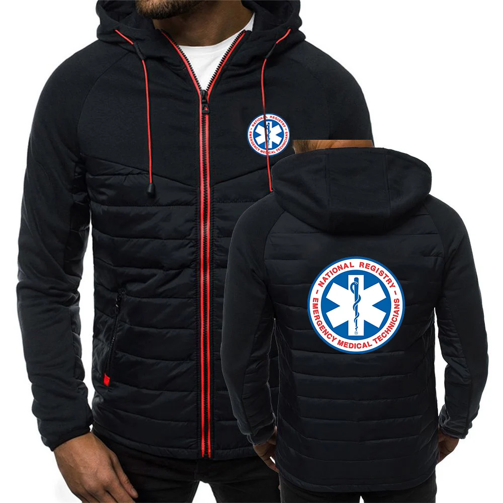 EMT Emergency Ambulance 2024 New Men's Autumn And Winter Popular Patchwork Seven-color Cotton-padded Jacket Hooded Coats