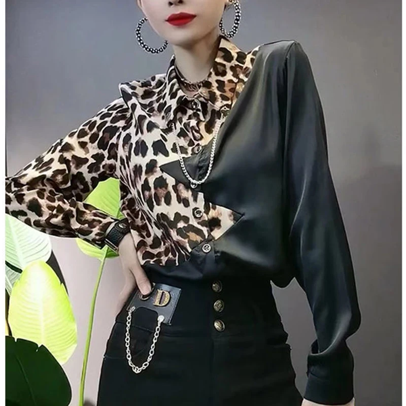 Spring Summer New Street Style Leopard Patchwork Casual Shirt Female Long Sleeve Polo-neck Buttons Top Women Harajuku Y2K Blouse