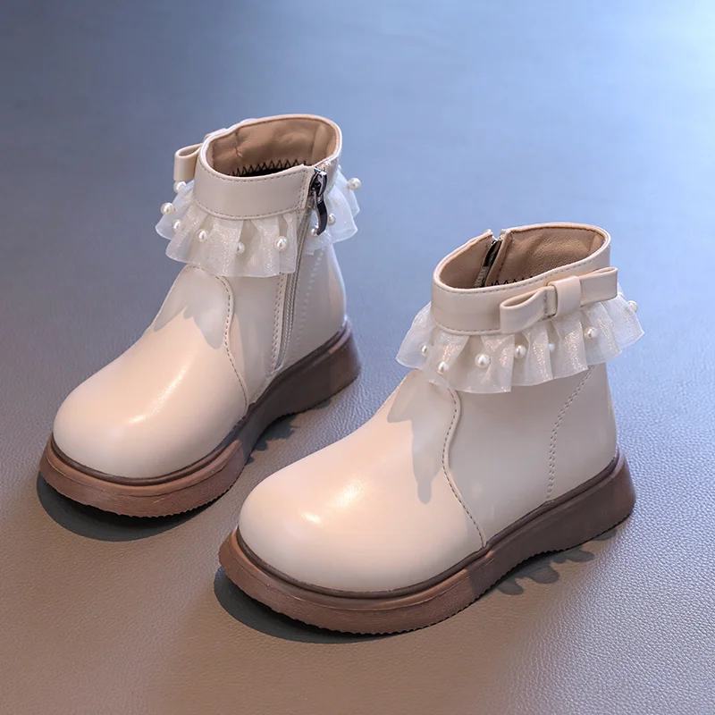 Sweet Baby Girls Lace Bow Zapatos Mujer Autumn/Winter Zipper Beaded Fashion Catwalk Toddler Boats Soft Kids Single Booties