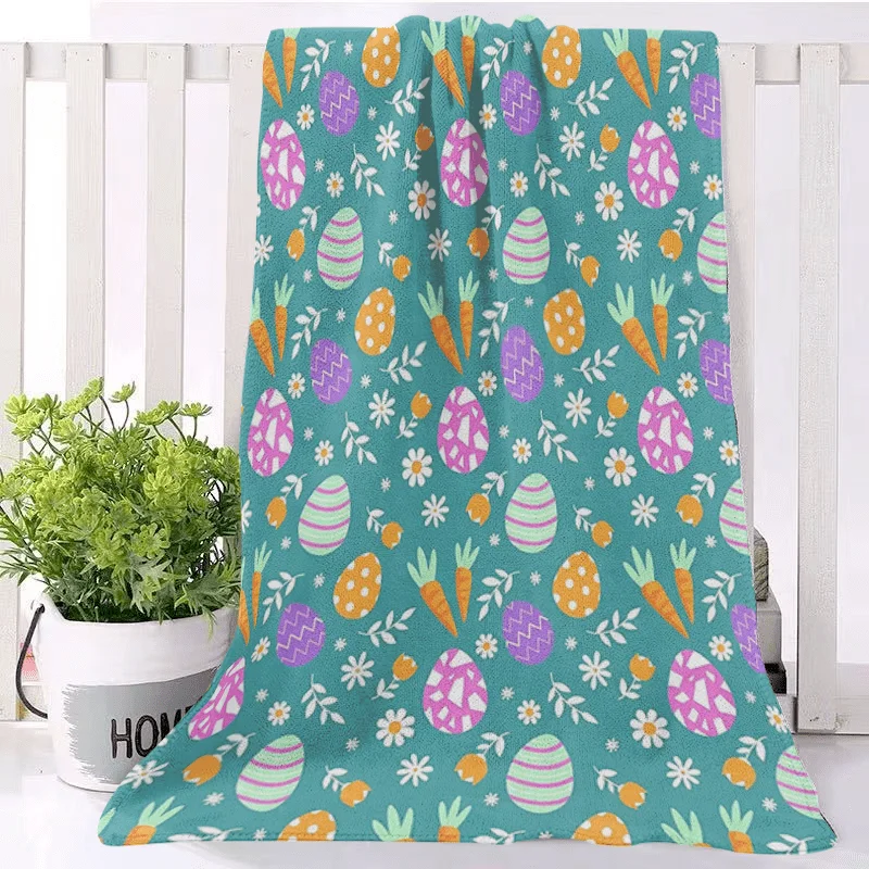 1pc Easter Egg & Carrot Print Bath Towel - Turquoise Green with Pink & Yellow Spring Eggshell Patterns, Soft Absorbent Quick-Dry
