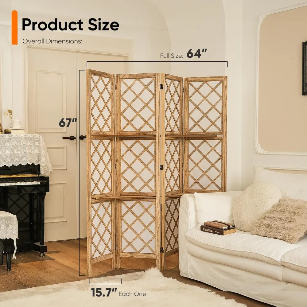 

Japanese Room Divider with Shelves, Shoji Screen Diamond Lattice Design, 4-Panel Lightweight Wooden Privacy, Customized