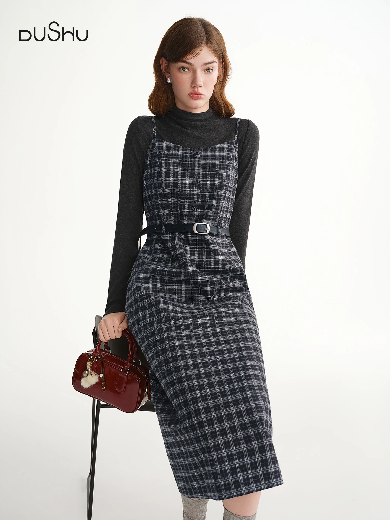 

DUSHU New 2025 Plus Size Women Layering Dress Two Piece Set Plaid Vest Slip Midi Casual Tweed Outfit Causal Dress