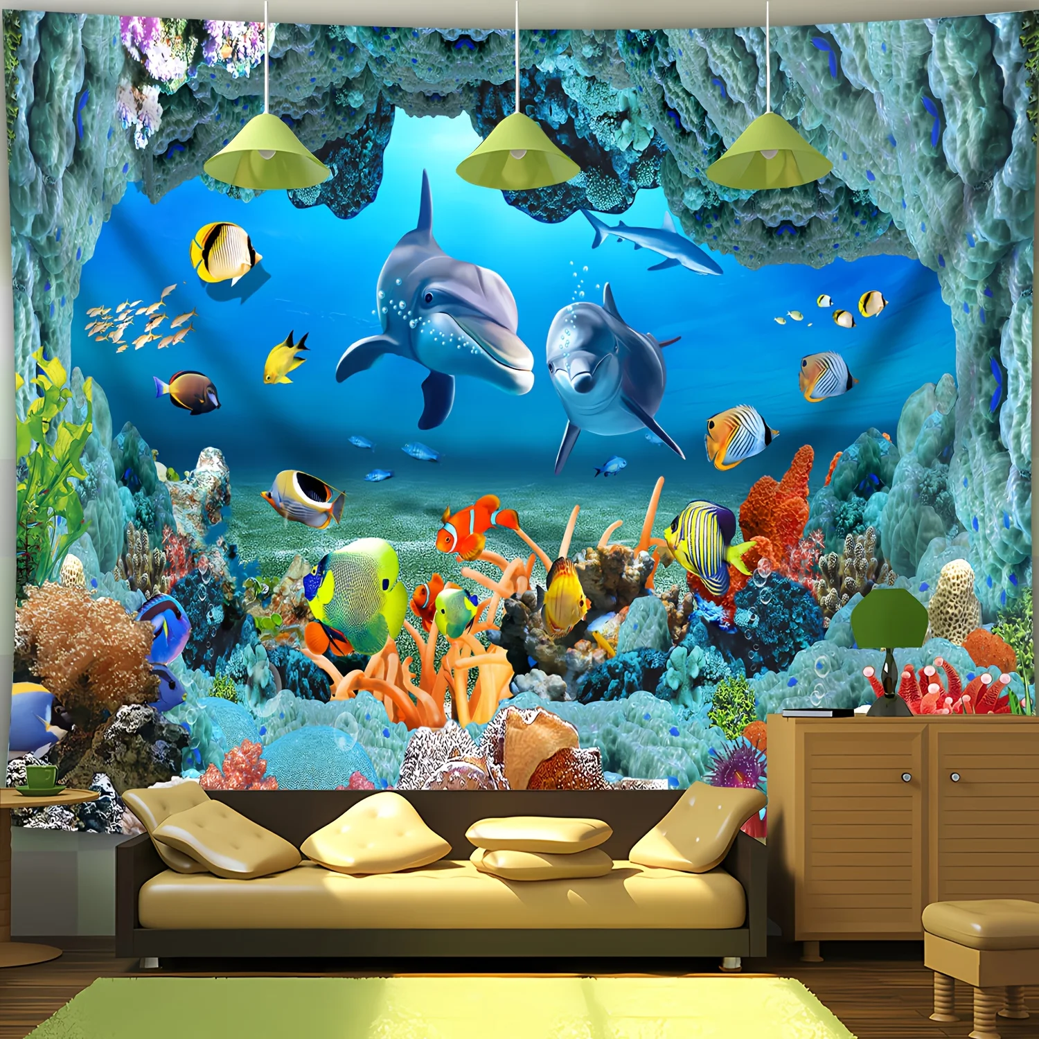 

Гобелен VIKAMA «Очаровательный подводный мир»: Дельфин и разноцветные рыбки, художественное украшение для гостиной и зоны отдыха