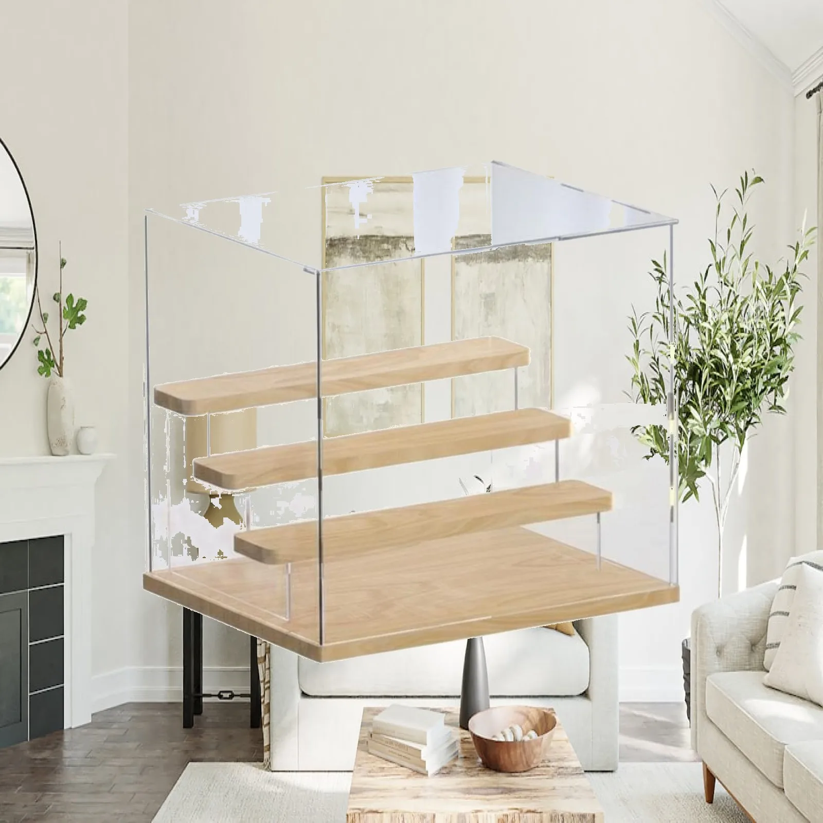 Acrylic Display Case Wooden Shelves Stepped Shelf Display Case Dust Protection Collectible Showcase