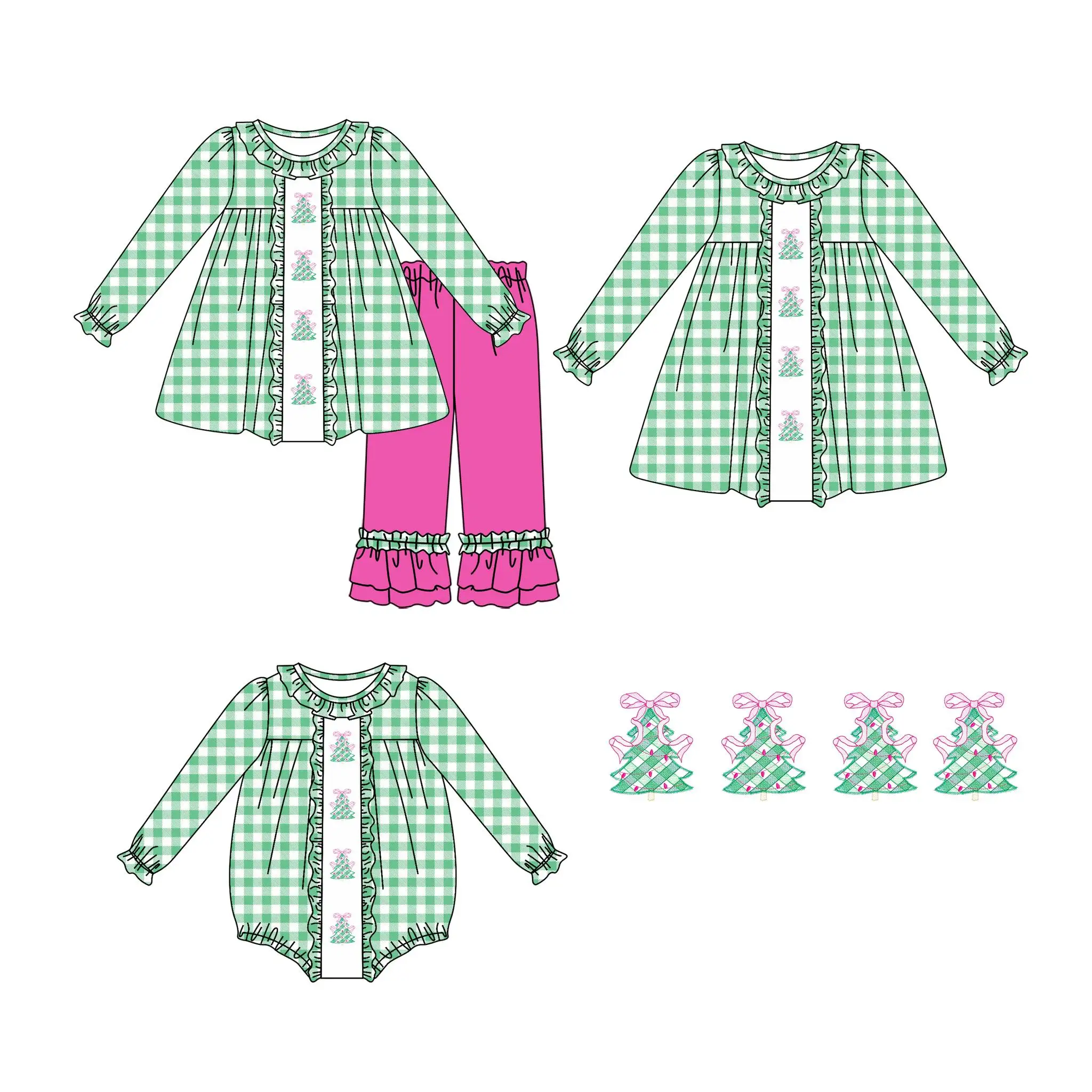 Christmas Collection Set Children\'s Clothing Wholesale Christmas Tree Printed Long Sleeve Set Dress Romper Kids Clothes