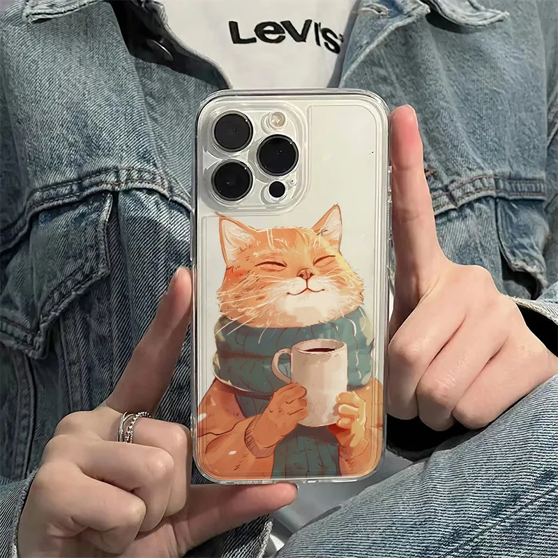 Cat With Cup of Tea Phone Case For iPhone 16 15 14 13 12 11 Pro XS MAX 7 XR 8 7 Plus Clear Cover Fundas