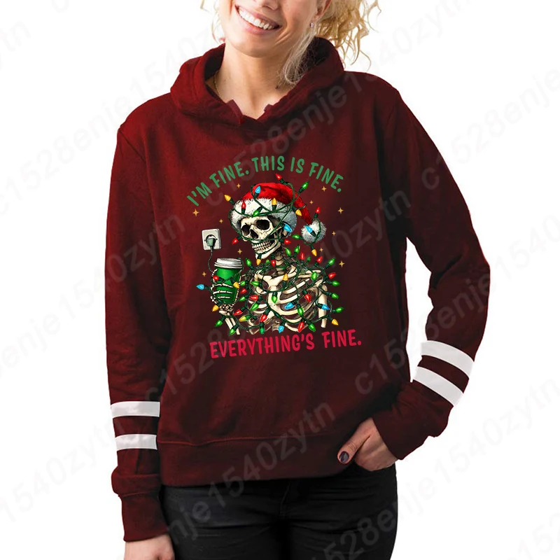 Fashion Christmas Light Skeleton I\'m Fine This Is Fine Print Hoodies For Women Autumn And Winter Casual Sports Ladies Hoodie Top