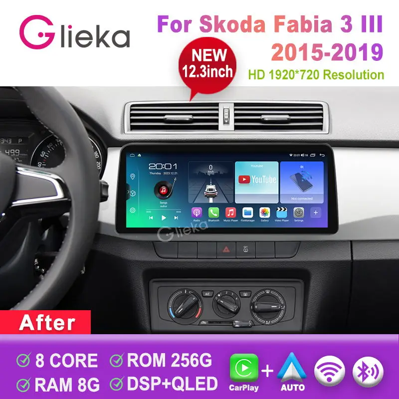 12.3 inch Carplay Screen Android For Skoda Fabia 3 III 2015-2019 Car Radio Stereo Multimedia Player GPS Navigation Head Unit