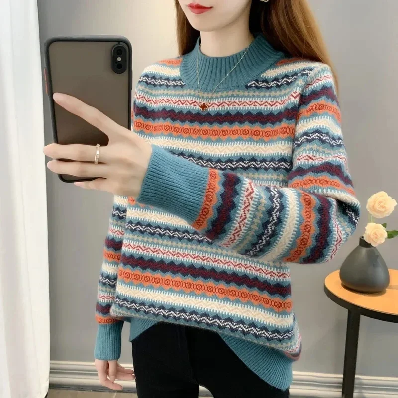 

Half High Collar Women's Sweater Autumn Winter 2025 New Loose Pullover Sweaters Warm Thicken Stripe Vintage Ethnic Style Knitwea