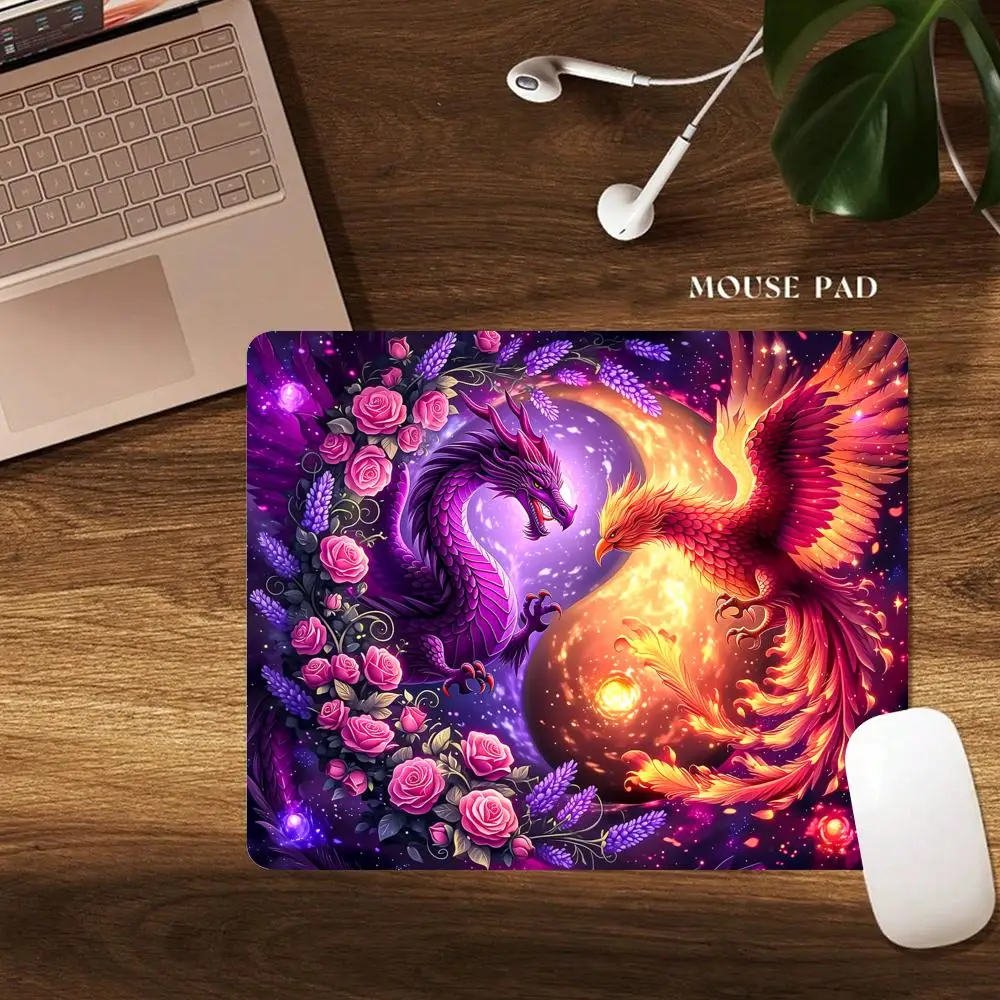 Purple Dragon and Fire Phoenix Small Mouse Pad Desk Mat Gaming mats with Stitched Edge Non-Slip Laptop accessories Office mat