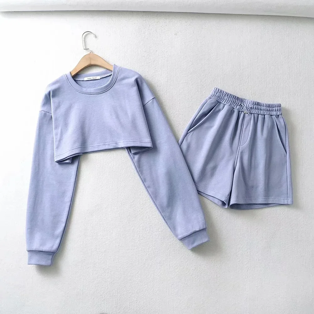 

European and American style spring new loose short crop top with exposed navel+fashionable shorts two-piece set