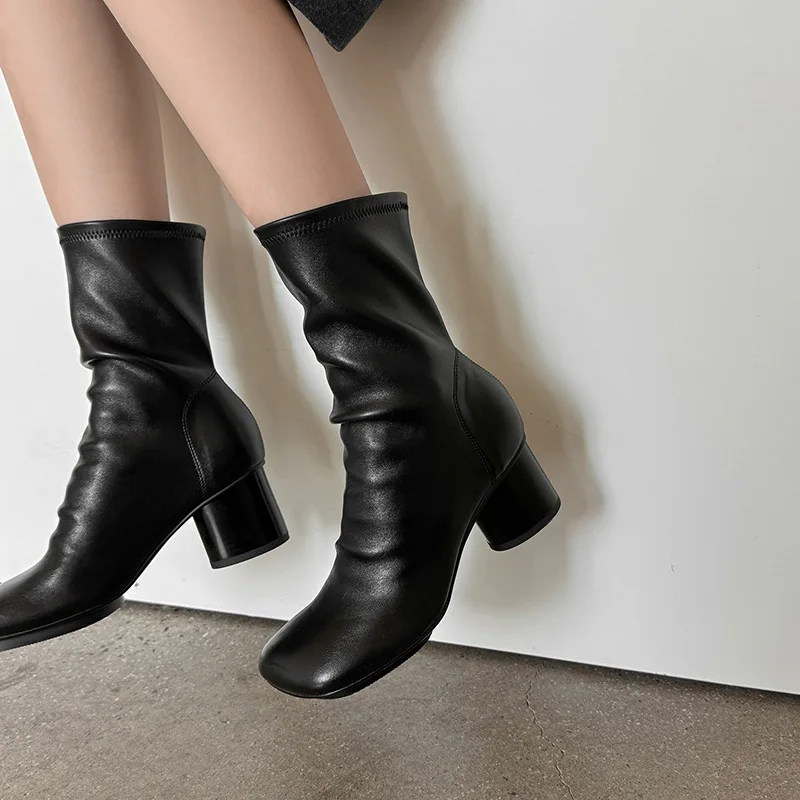 Women Square Toe Stretch Ankle Boots Thick Block Heel Slim Fit Short Booties Fashion Leather Suede Sock Boots Autumn Winter New