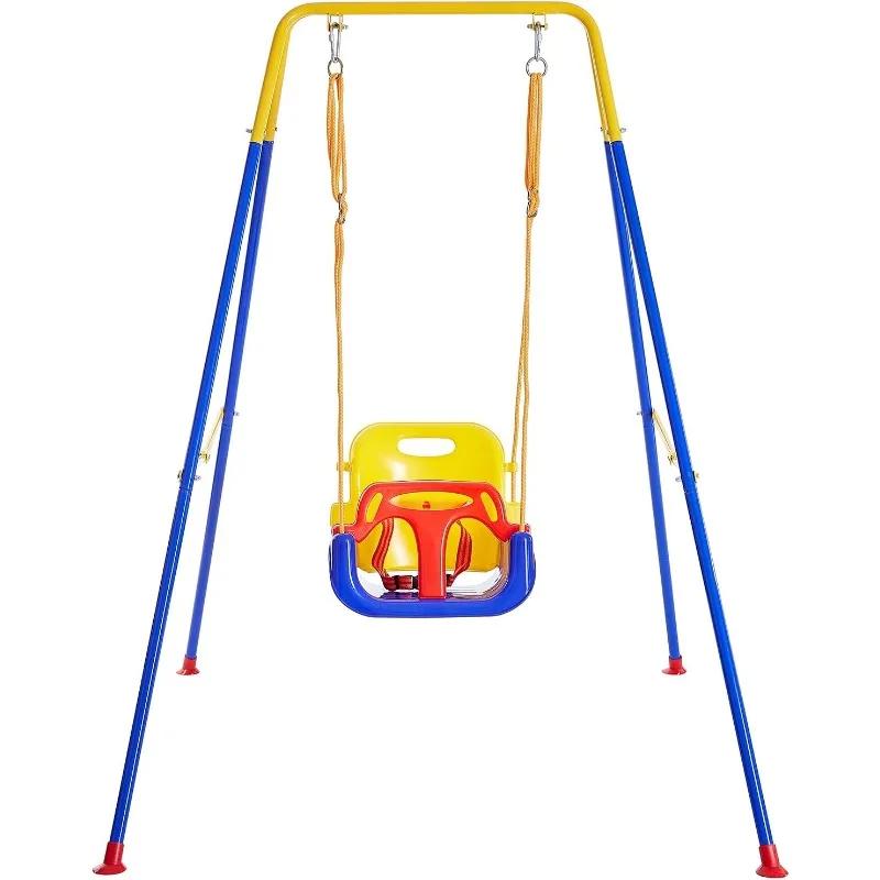 3-in-1 Toddler Swing Set with 4 Sandbags, Indoor/Outdoor Baby Swing with Foldable Metal Stand, Kids Swing