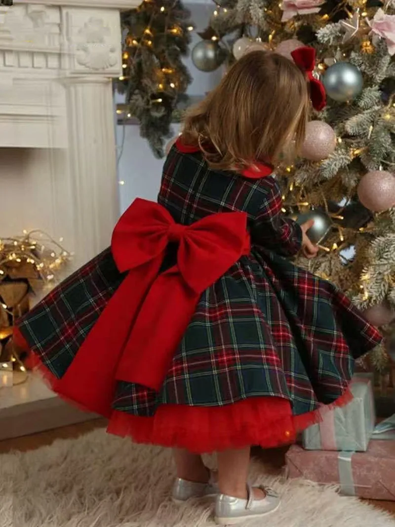 

Girl Princess Christmas Checkered Dress 2026 New Mesh Children's Long Sleeve Bow Western Style Dress Kids Clothing