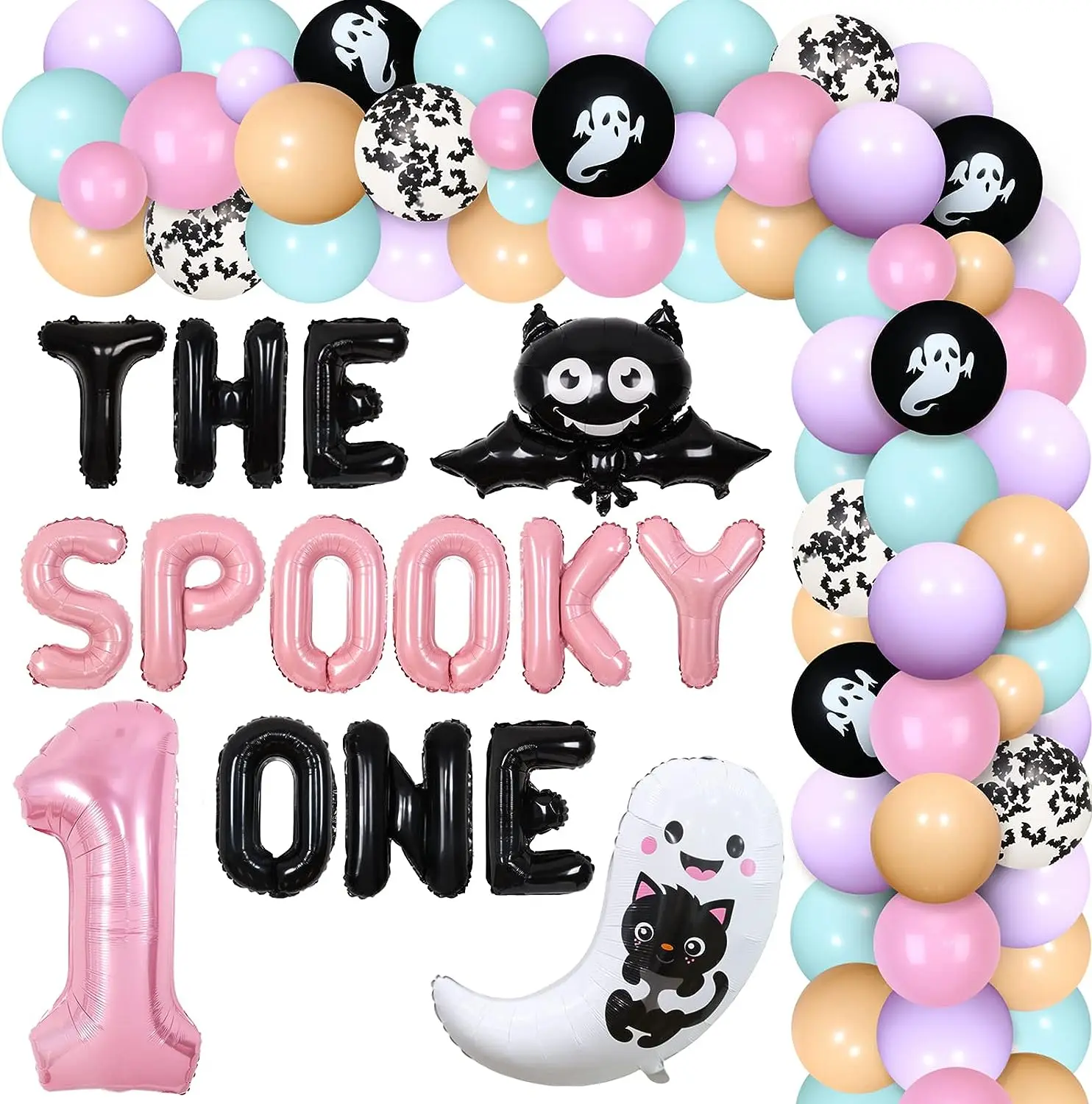 

Halloween 1st Birthday Party Decorations Girl The Spooky One Pastel Balloons Garland Ghost Bat Balloons Number 1 Foil Balloons