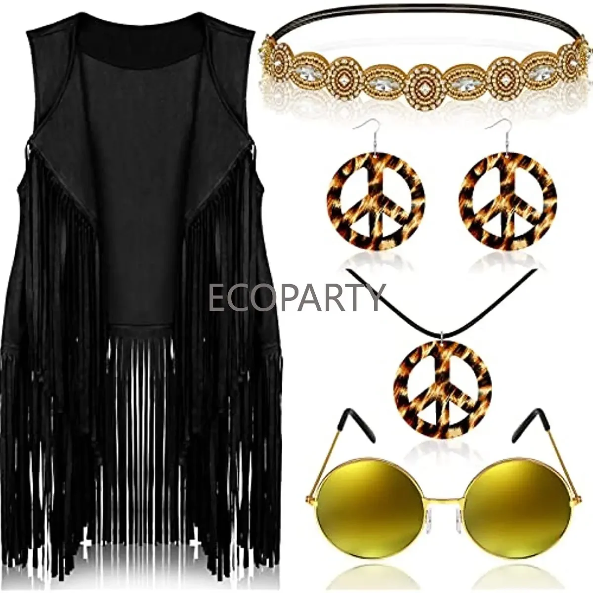 

S-3XL 6 Pcs 60s 70s Hippie Costume for Women Peace Sign Earring Necklace Headband Fringe Vest Tassel Cardiga Disfraz Halloween